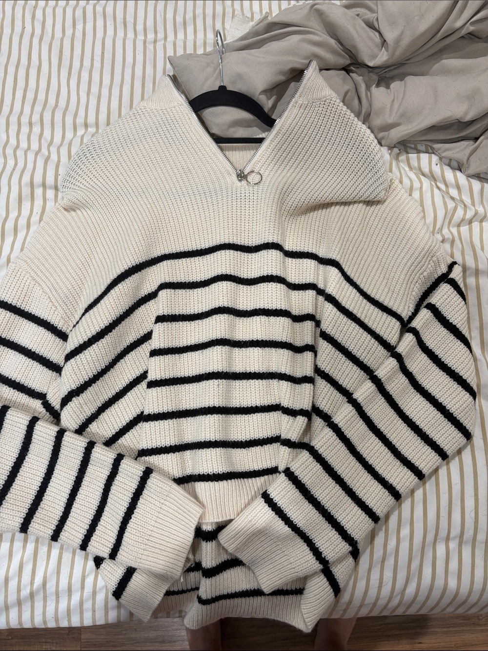 SHEIN Cream and Black Striped Quarter-Zip Knit Sweater